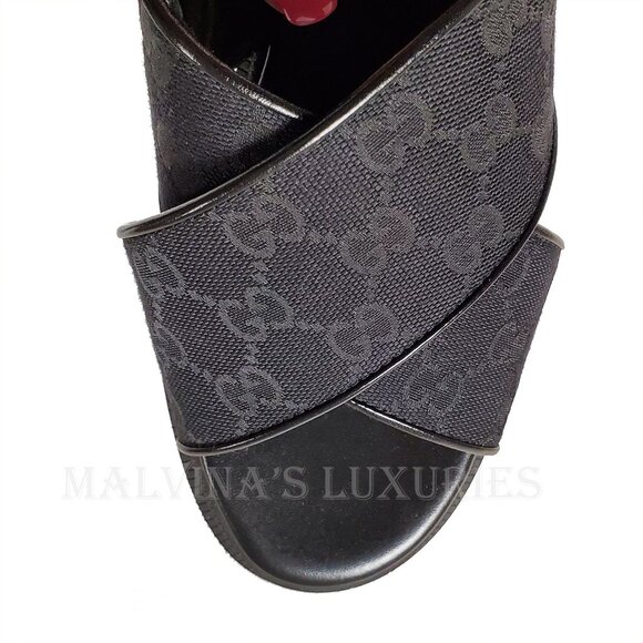 GUCCI SHOES BLACK GG SUPREME CANVAS CHUNKY LUG SOLE SANDALS - Picture 9 of 15